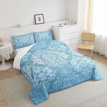 Feelyou Adults Blue Vintage Damask Floral Comforter Set Oriental Antique Comforter Twin Size Gothic Bohemia Boho Floral Bedding Set Bohemian Exotic Duvet Set Quilt Set 2Pcs