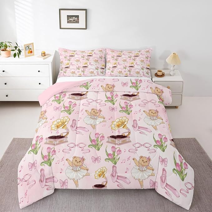 Pink Bowknot Kids Bedding Set King Size,Ballet Shoe Bow Tie Cute Bear Comforter Set，Music Note Tulip Quilt Comforter,Princess Bedroom Duvet Insert,2 Pillowcases