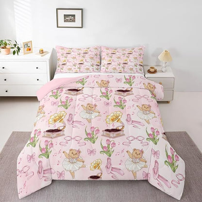 Manfei Pink Bowknot Kids Comforter Set Queen Size,Ballet Shoe Bow Tie Cute Bear Bedding Set,Girls Boys Room Decor,Music Note Tulip Quilt Comforter,Princess Duvet Set Bedroom Quilt Set,2 Pillowcases