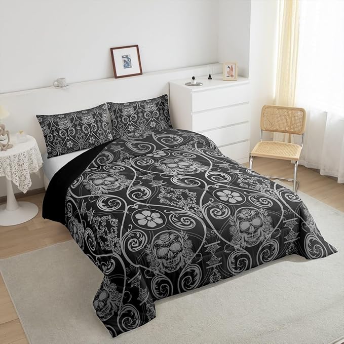 Feelyou Adults Grey Vintage Damask Floral Comforter Set Oriental Antique Comforter Twin Size Exotic Sugar Skull Rose Bedding Set Gothic Bohemia Boho Duvet Set Quilt Set 2Pcs