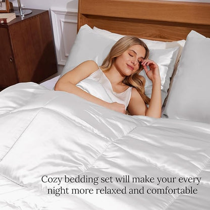 Whale Flotilla 3-Piece Reversible Silky Soft King Size Comforter Bedding Set, Luxurious Satin Comforters Oversized with 2 Satin Pillowcases, Lightweight Duvet for All Seasons, White