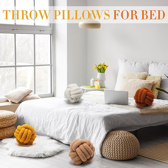 4 Pcs Knot Pillow Ball Soft Sherpa Throw Pillow 8.6'' Decorative Round Accent Pillows Aesthetic Decor Handmade Cushion for Home Couch Bed Sofa Chair(Warm)