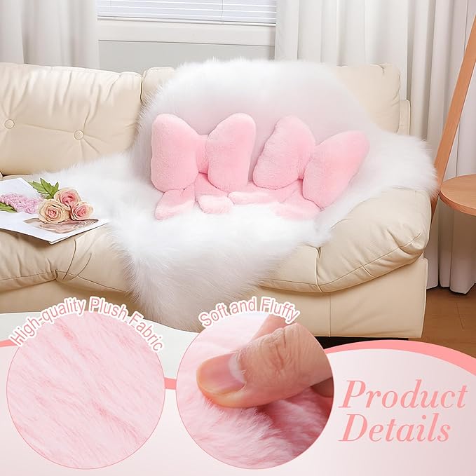2 Pcs Pink Bow Pillow Faux Fur Pink Throw Pillows Soft Furry Coquette Decorative Cushion Cute Plush Bow Decor for Xmas Girls Home Room Bed Sofa Couch Car Gifts, 12 * 16 Inch
