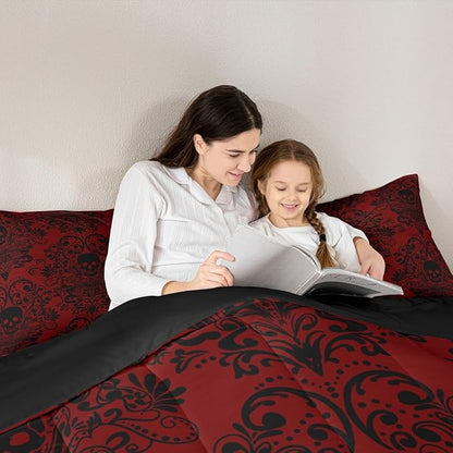 Feelyou Adults Gothic Skull Bedding Set Queen Size Kids Damask Print Comforter Goth Bohemian Duvet Breathable Soft Lightweight Microfiber Black Red Room Decor with 2 Pillowcases
