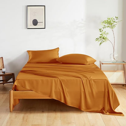 THXSILK Silk Sheet Set 3 Pcs, Twin Size Sheet Set, Soft Breathable Cooling Bed Sheets with 1 Flat Sheet, 1 Fitted Sheet, 1 Pillowcase with Zipper Closure, Deep Orange