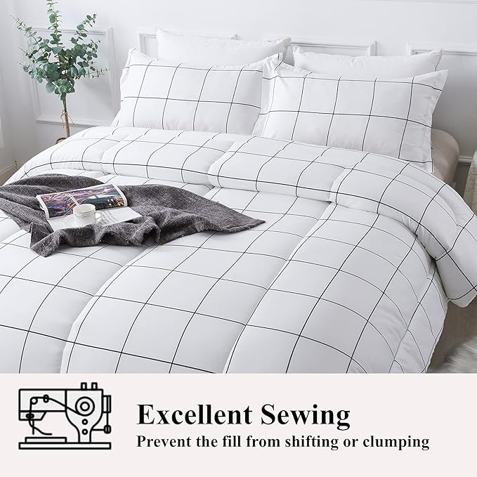 Andency White Grid Comforter Set Queen(90x90Inch), 3 Pieces (1 Plaid Comforter and 2 Pillowcases) White Plaid Comforter Set, Lightweight Microfiber Gingham Geometric Comforter Bedding Set