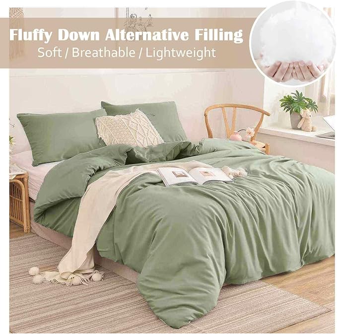 Nanko Queen Size Comforter Set Sage Green, All Season Soft Reversible Down Alternative Quilted Duvet Insert, Microfiber Filling, Luxury Quality Bedding Sets in a Bag for Women Men 88 x 90 Bed Sets