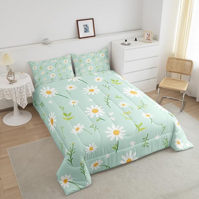 Manfei Cute Flower Comforter Set Queen Size, Botanical Theme Floral Print Bedding Set 3pcs for Kids Girls Room Decor, Watercolor Daisy Quilt Set Soft Polyester Duvet Set with 2 Pillowcases
