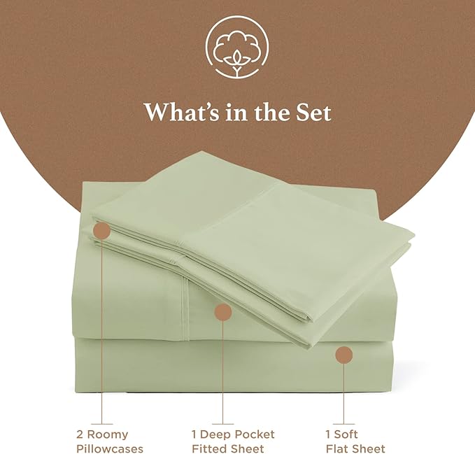 Olympic Queen Sheets Set, 100% Egyptian Cotton, Luxury 600 Thread Count, 4 Pc Super Queen Sheets Sets, Soft & Breathable, Snug Fit, 16" Deep Pocket Fitted Sheet, 2 Pillowcases & 1 Flat Sheet, Sage