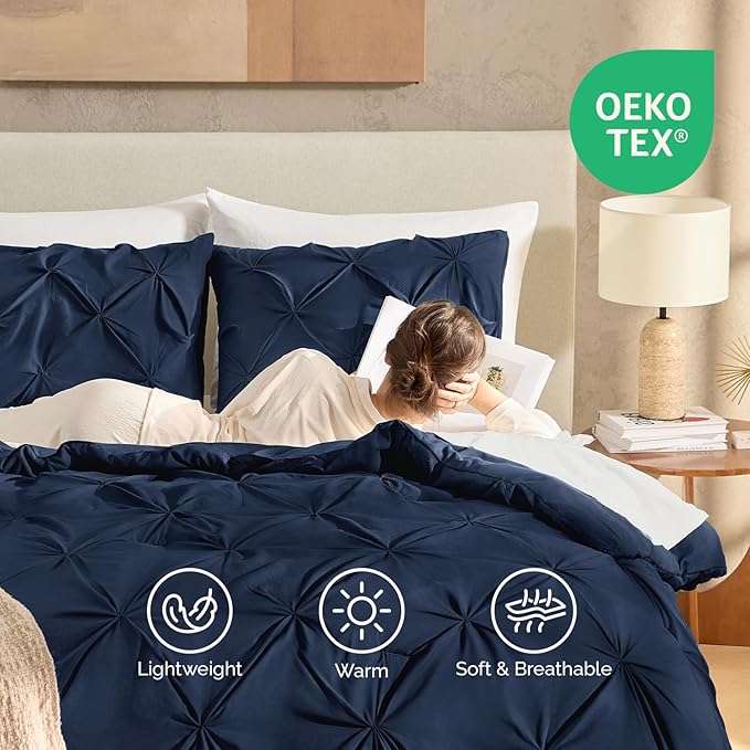 Andency Navy Blue Pinch Pleated Comforter Set Queen(90x90Inch), 3 Pieces Pintuck Soft Luxurious Bed, Microfiber Down Alternative Comforter Bedding Set