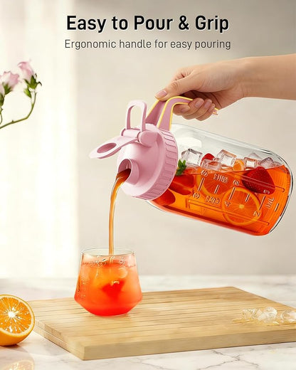 64 oz Glass Pitcher with Lid, Large Wide Mouth Mason Jar with Pour Spout, Pink Sun Tea Jar for Outside, Glass Water Pitcher Great for Drink, Cold Beverages and Breast Milk