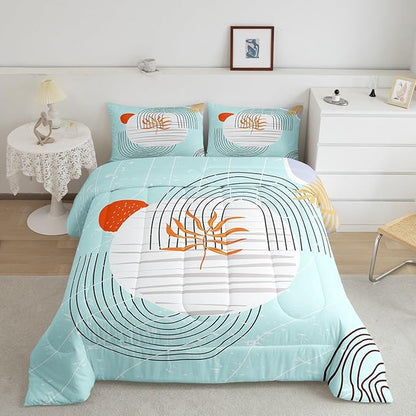 Erosebridal Modern Blue Comforter Set Twin Mid Century Bedding Set, Abstract Artwork Bedding Comforter Sets Black Geometric Lines Duvet, White Aesthetic Circle Quilted Comforter All-Season 2pcs