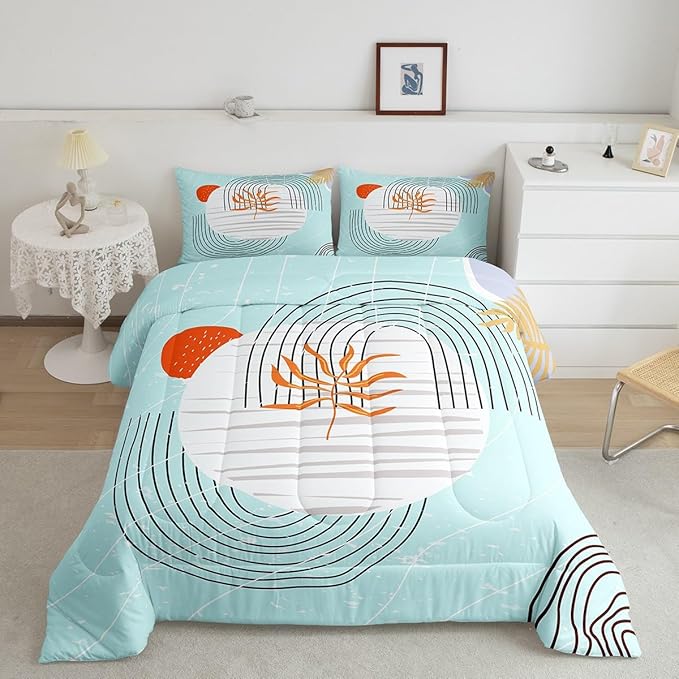 Erosebridal Modern Blue Bedding Set Queen Mid Century Comforter Set, Abstract Artwork Bedding Comforter Sets Black Geometric Lines Duvet Insert, White Aesthetic Circle Down Comforter All-Season 3pcs
