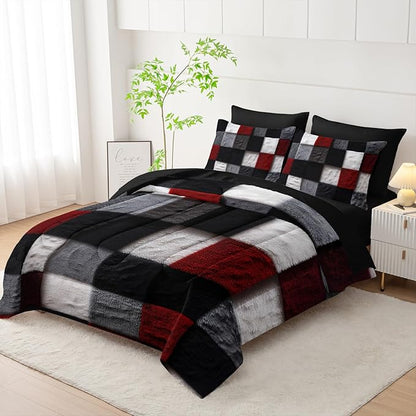7 Piece Black White Red Checkered King Size Comforter Set with Sheets，King Size Quilt Bedding Set Checkered，(1 Comforter, 1 Flat Sheet, 1 Fitted Sheet, 2 Pillowcase and 2 Pillow Sham)