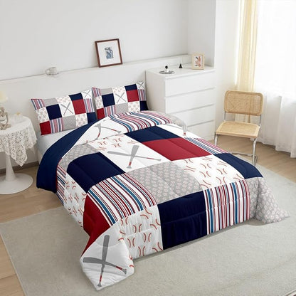 Feelyou Baseball Comforter Set Toddler Size Sports Game Comforter Baseball Gaming Bedding Set Gift for Baseball Lover Duvet Set Room Decor White Navy Quilt Set