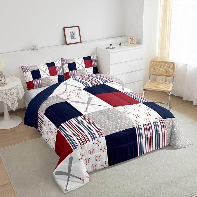 Feelyou Baseball Comforter Set Twin Size Sports Game Comforter Baseball Gaming Bedding Set Gift for Baseball Lover Duvet Set Room Decor White Navy Quilt Set