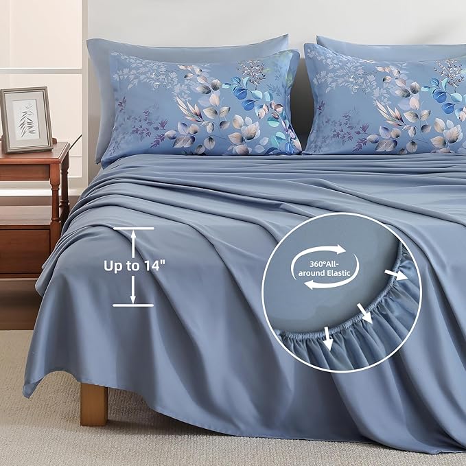 Xruibed Blue Comforter Set Queen Size 7 Pieces Bed in a Bag, Botanical Floral Print Bed Sets, Elegant Flower Comforter with Sheet Set, Soft Microfiber Bedding Set for All Season (Blue, 90"x90")