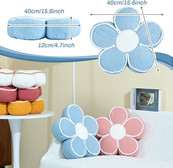 Sioloc Flower Shaped Pillow Daisy Pillows Floor Cushion Pastel Cute Seat Cushions Aesthetic Classroom Dorm Decorative Fun Throw Pillow for Bed,Couch(Blue,19.7")