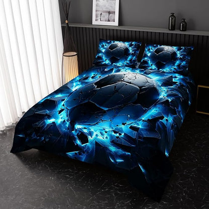 Soccer Bedding Comforter Set Twin Size for Kids Teens and Adults, Blue Black Football Printed Bedding Sets 3 PCS,Ball Sports Themed Bedroom Decor with 1 Comforter and 2 Pillowcases
