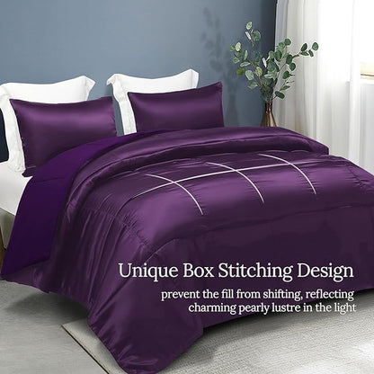 Whale Flotilla 3-Piece Reversible Silky Soft King Size Comforter Bedding Set, Luxurious Satin Comforters Oversized with 2 Satin Pillowcases, Lightweight Duvet for All Seasons, Purple