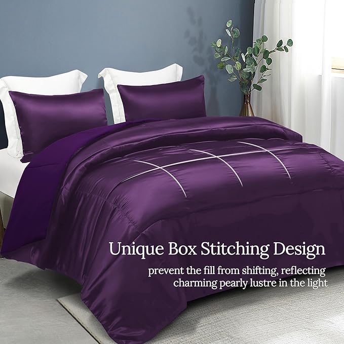 Whale Flotilla 2-Piece Reversible Silky Soft Twin Size Comforter Bedding Set, Luxurious Satin Comforters with Satin Pillowcase, Lightweight Duvet for All Seasons, Purple