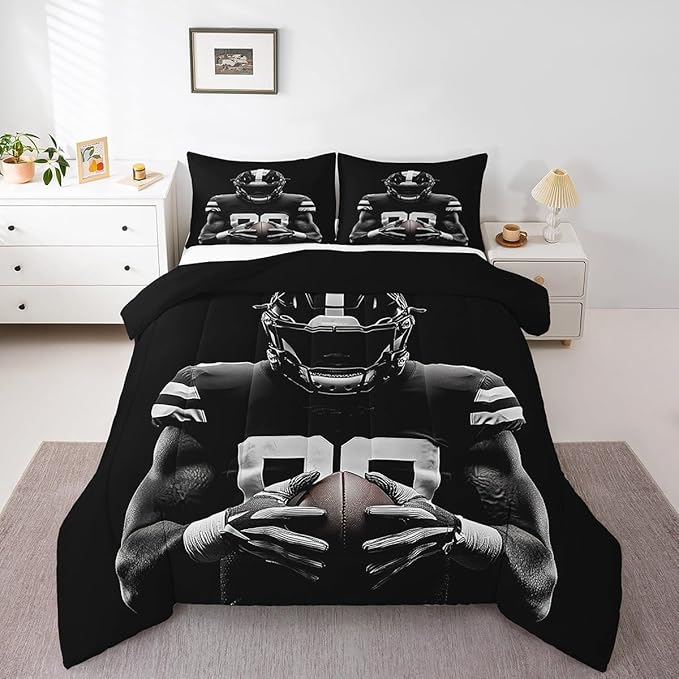 Feelyou Rugby Comforter Set Full Size Football Player Comforter for Boys Girls Teens Football Bedding Set Rugby Sport Duvet Set Room Decor Black Quilt Set