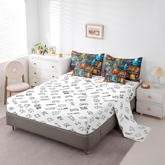 Sandbox Games 7Pcs Comforter Set Full Size,Pixelated Miner Theme Bedding Sets for Kids Boys Teens Room Decor,Block Patchwork City View Fitted Flat Sheet Building Gamer 2 Throw Pillow,2 Pillowcases