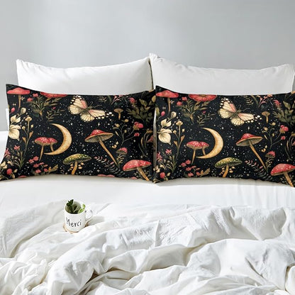 Erosebridal Gothic Mushroom Black Bedding Set for Boys, Vintage Mushroom Comforter Set King Boho Moth Spring Floral Comforter for Kids Teens Adults Bedroom, Moon and Starry Star Quilt Lightweight
