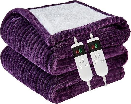 Heated Blanket Electric Queen, Soft Flannel Heating Blanket with 8 Hours Auto Off 10 Fast Heating Levels Machine Washable Sherpa Heated Blanket with Overheating Protection