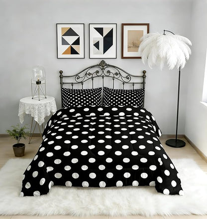 Manfei Polka Dots Comforter Set Queen Size,Cartoon French Style Dots Black White Bedding Set for Teens Adults,Modern Geometric Circles Abstract Simple Art Comforter,3 Pcs 2 Pillowcases