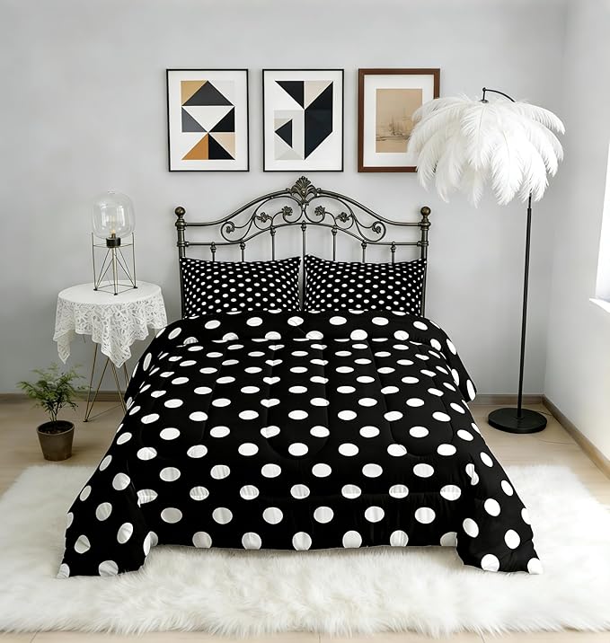 Manfei Polka Dots Comforter Set Toddler Size,Cartoon French Style Dots Black White Bedding Set for Kids Teens,Modern Geometric Circles Abstract Simple Art Comforter,2 Pcs 1 Pillowcase