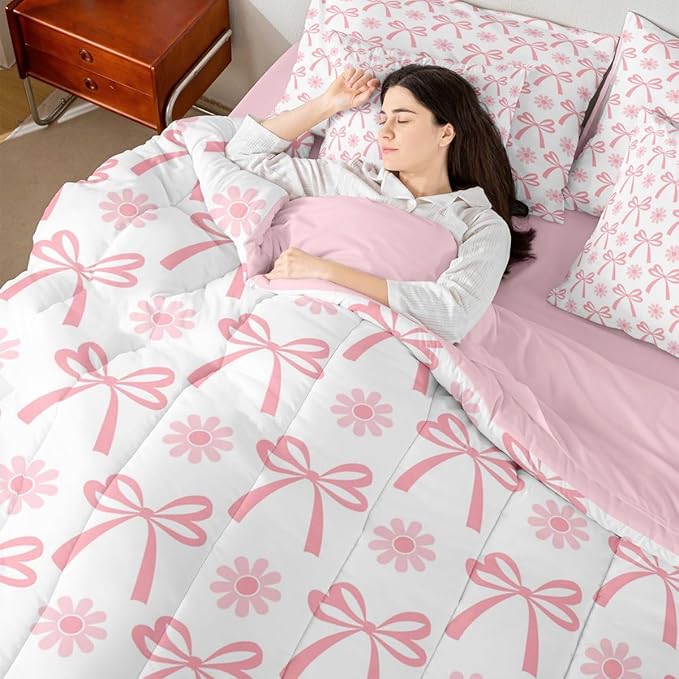Feelyou Pink Bow Comforter Set King Size 7 Pieces Groovy Flower Daisy Bedding Set for Kids Boys Girls Cute Bowknot Bed in a Bag with Comforter, Sheets, Pillowcases, Cushion Covers Kawaii