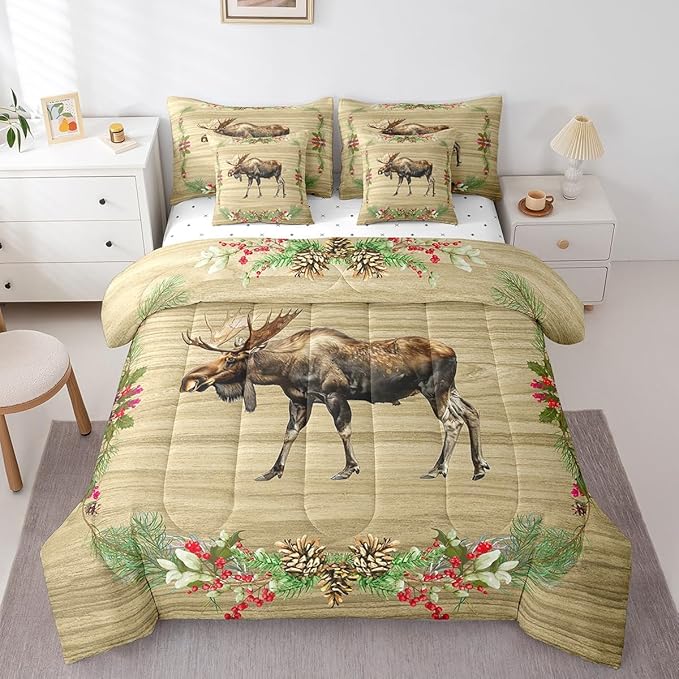 Moose Bed in a Bag King Size Comforter Set 7 Pieces,Woodland Animals Bedding Sets Reindeer Elk Deer Sheet Set with Comforter