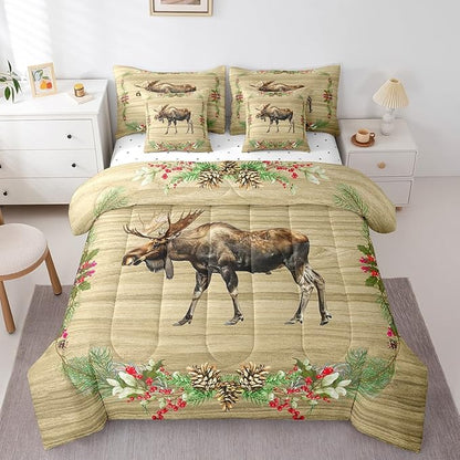 Moose Bed in a Bag King Size Comforter Set 7 Pieces,Woodland Animals Bedding Sets Reindeer Elk Deer Sheet Set with Comforter