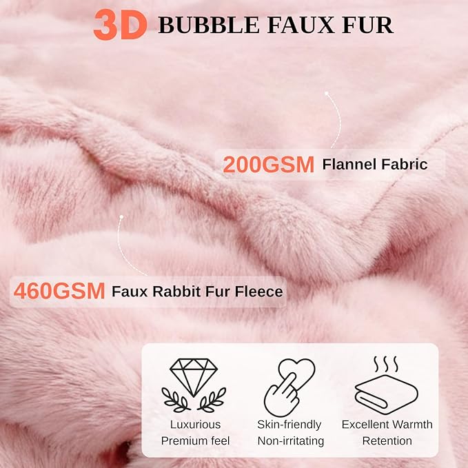 Electric Heated Blanket Throw 50"x60" Pink Ultra Soft Luxury Fluffy Faux Rabbit Fur Machine Washable 6 Heat Settings 4 Hours Auto Off Overheat Protection for Home Office Use
