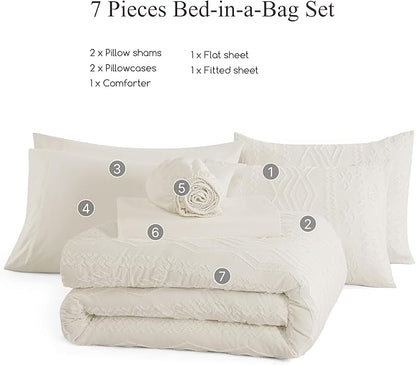 Full Size Comforter Set White, Tufted Boho Bedding Farmhouse Bed Set, All Season 7 Pieces Bed in a Bag with Sheets, Pillowcases & Shams
