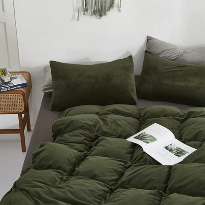 KAREVER Army Green Flannel Comforter Set - Queen Size, Deep Green, 3 PCs Shaggy Soft Warm Blanket, Women's Velvet Bedding Set