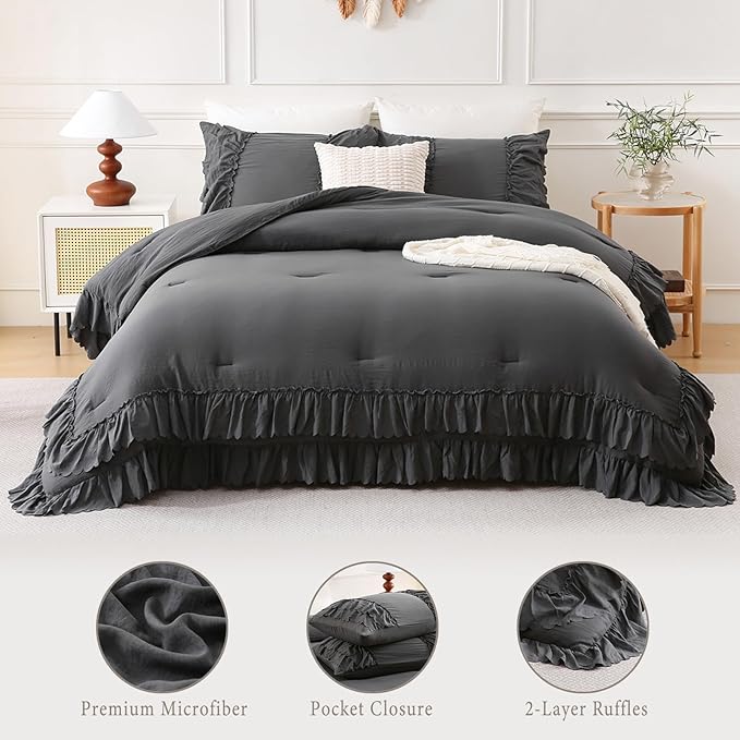 Herside Dark Grey Ruffle Comforter Set King Size,Shabby Chic Boho Bedding Sets, Soft Fluffy Comforters Sets for All Season,Vintage Ruffled 3 Pcs Microfiber Lightweight Quilt Set for Women Girls