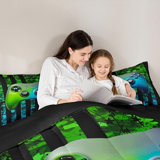 Gamer Comforter Set King Kids Boys Teens USA Flag Stars Down Comforter Gaming Comforter Gamer Room Decor Camo Video Game Bedding Set, Gamepad Console Duvet, Youth Young Man Quilt, Grunge Style