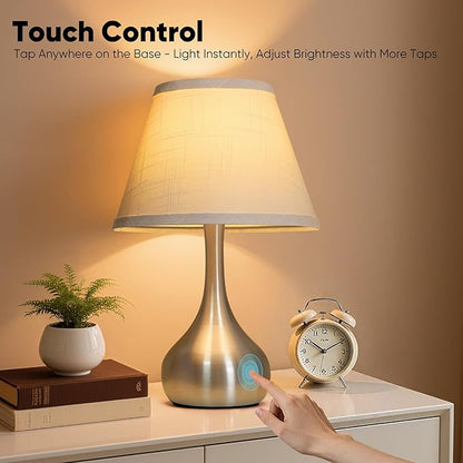 17” Touch Table Lamp for Bedroom Set of 2, 3-Way Dimmable Bedside Lamp for Nightstand, Modern Metal Desk Lamp with Linen Shade for Living Room, Kids Reading, Dorm, Home Office Decor, Bulb Included