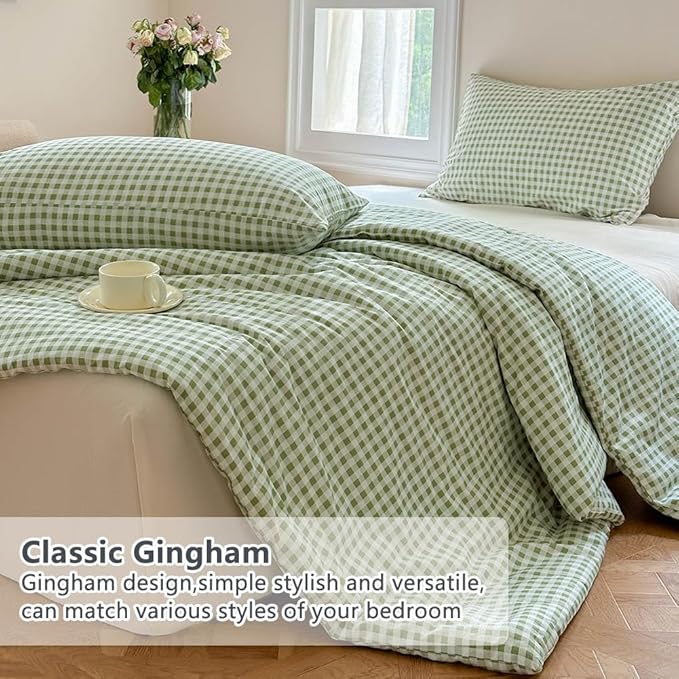 NSNLGSGC Sage Green Gingham Cotton Comforter Set Twin, 100% Washed Cotton Green Plaid Checked Comforter Bedding, 2 Pieces Vintage Farmhouse Grid Bedding Set(Sage Green Gingham, Twin)