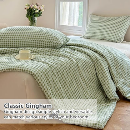 NSNLGSGC Sage Green Gingham Cotton Comforter Set Queen, 100% Washed Cotton Green Plaid Checked Comforter Bedding, 3 Pieces Vintage Farmhouse Grid Bedding Set(Sage Green Gingham, Queen)