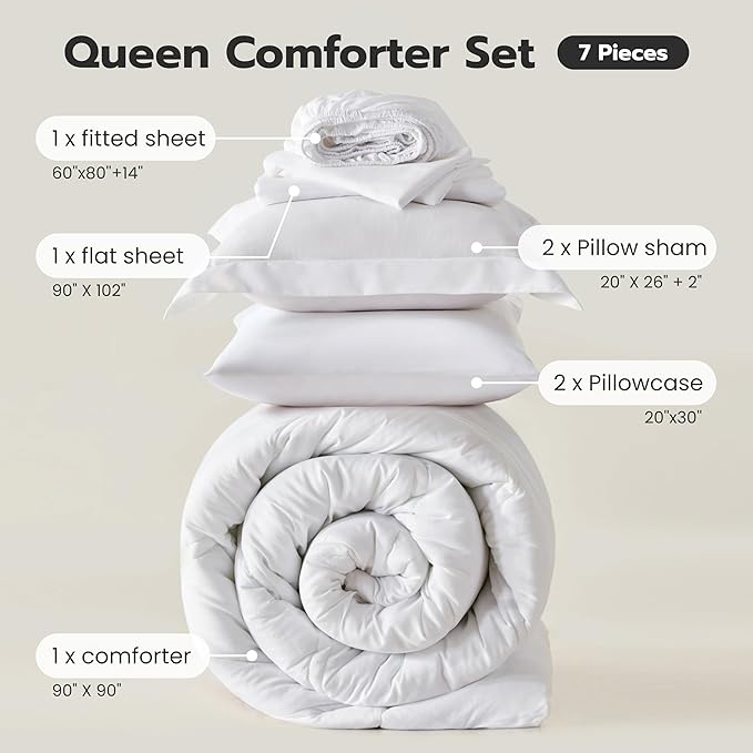 Joiedomi Queen Comforter Set with Sheets White, 7 Pieces Queen Bed Set with 1 Down Alternative Comforter, 1 Flat Sheet, 1 Fitted Sheet, 2 Pillowcases and 2 Pillow Shams, Bed in a Bag for All Seasons