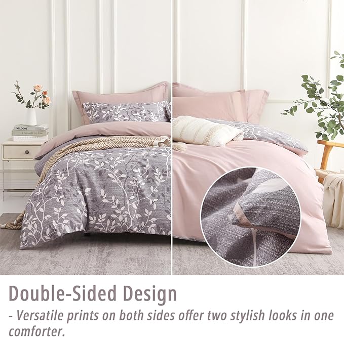 Vintage Gray Cotton Comforter King Size 3Pcs - Luxurious Design with White & Charcoal Branches Pattern, Elegant Dusty Pink Reversible Lightweight Bedding Sets with Soft Fill(104"×90")