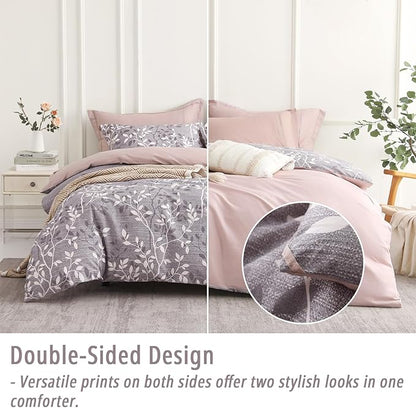 Vintage Gray Cotton Comforter Queen Size 3Pcs - Luxurious Design with White & Charcoal Branches Pattern, Elegant Dusty Pink Reversible Lightweight Bedding Sets with Soft Fill(90"×90")