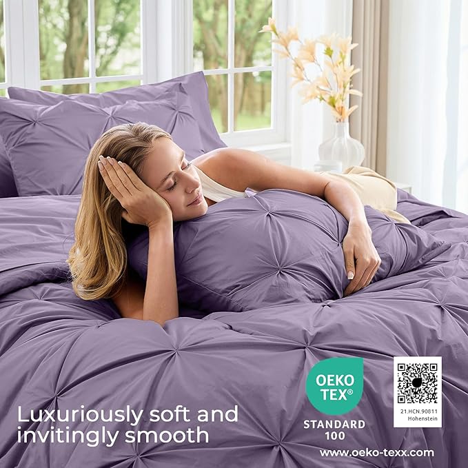 Sasttie King Size Comforter Set, 7-Piece Bed in a Bag, Pintuck Bedding Set for All Season, Includes Comforter, Flat Sheet, Fitted Sheet, Pillowcases and Pillowshams, New Purple