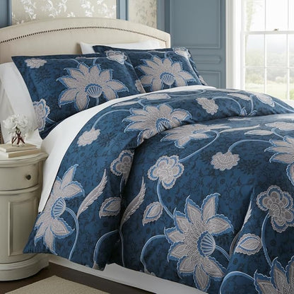 Southshore Fine Living, Inc. Grand Floral Collection - Twin XL Comforter Set, Dorm Premium Bedding, All-Season Down Alternative Lightweight, Oversized 2-Piece Soft Comforter Set, Twin/XL, Blue