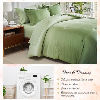 Olive Green and White Gradient Comforter Set Queen Size 7 Pieces Elegant Ombre Bed in a Bag - Reversible All Season Bedding Set with Comforter, Flat Sheet, Fitted Sheet, 2 Pillowcases & 2 Pillow Shams