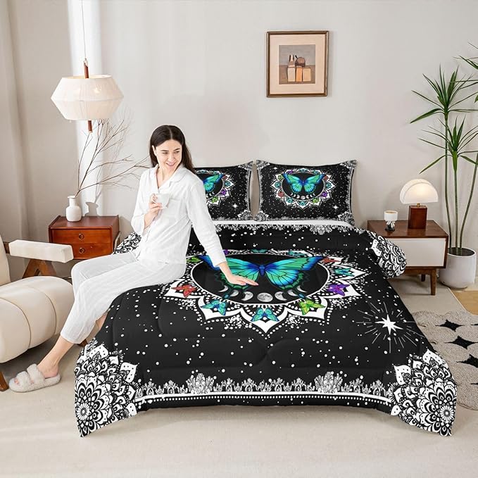 Erosebridal Butterfly Bedding Set Queen Size Galaxy Duvet Set Starry Sky Comforter Sets Boho Colorful Wild Animals Down Comforter for Moth Moon All Season Mandala Black White Duvet Set