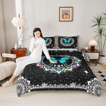 Erosebridal Butterfly Bedding Set Queen Size Galaxy Duvet Set Starry Sky Comforter Sets Boho Colorful Wild Animals Down Comforter for Moth Moon All Season Mandala Black White Duvet Set